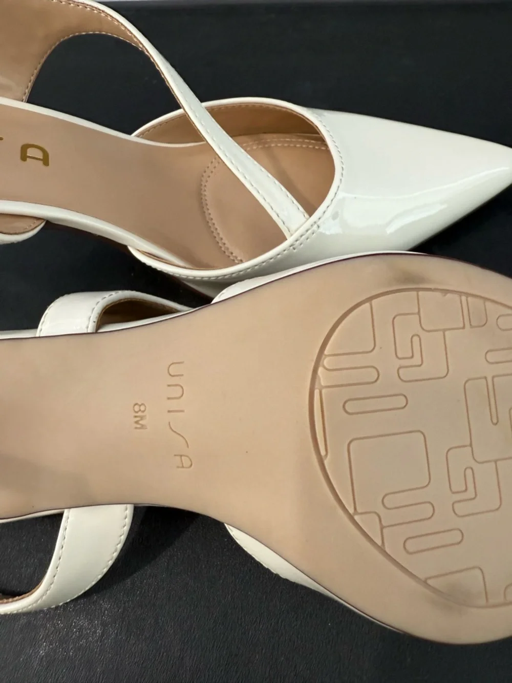 Unisa Cream Patent Pointed Toe Slingback Heels with Crisscross Strap - Picture 4 of 6